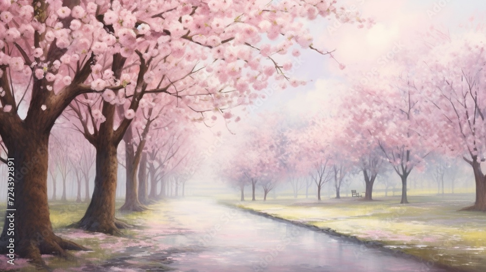 A delightful spring scene, the bloom of cherry blossoms in a serene park. A delightful spring scene, the bloom of cherry blossoms in a serene park.