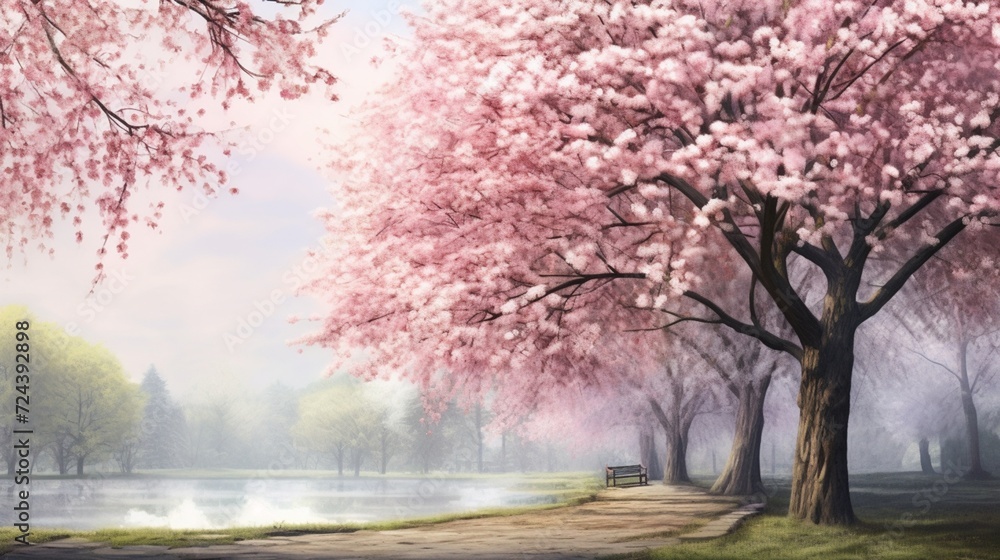 A delightful spring scene,  the bloom of cherry blossoms in a serene park. - obrazy, fototapety, plakaty 