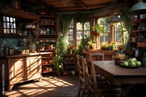 Restaurant kitchen interior in a rustic style with wooden furniture