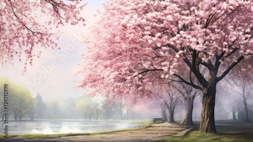 A delightful spring scene, the bloom of cherry blossoms in a serene park.