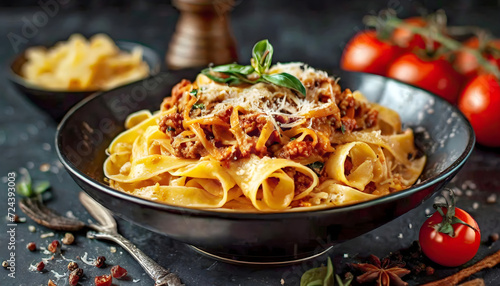 Pasta Bolognese with spices, Italian pasta dish with minced meat and tomatoes in a dark plate
