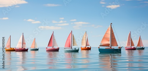 **A delightful arrangement of toy boats floating in a pastel blue "sea," offering a serene scene with space for text