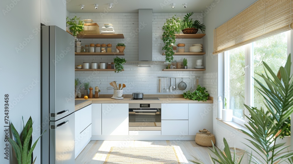 Fototapeta premium Modern eco-friendly kitchen interior with natural light and green plants, emphasizing sustainable home design.