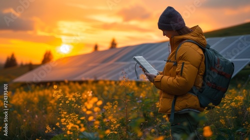 An adventurer checks a portable solar charger in a blooming field at sunset, harmonizing technology with nature.