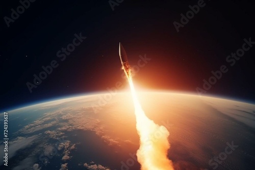 Rocket departs planet's atmosphere. Generative AI