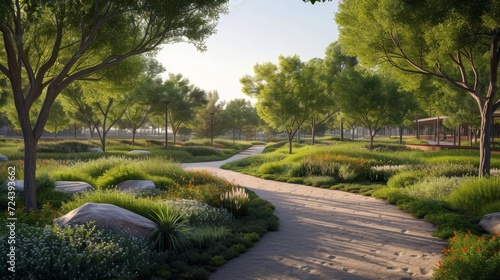 Serene park pathway surrounded by lush greenery and trees, embodying eco-friendly urban design and natural tranquility.