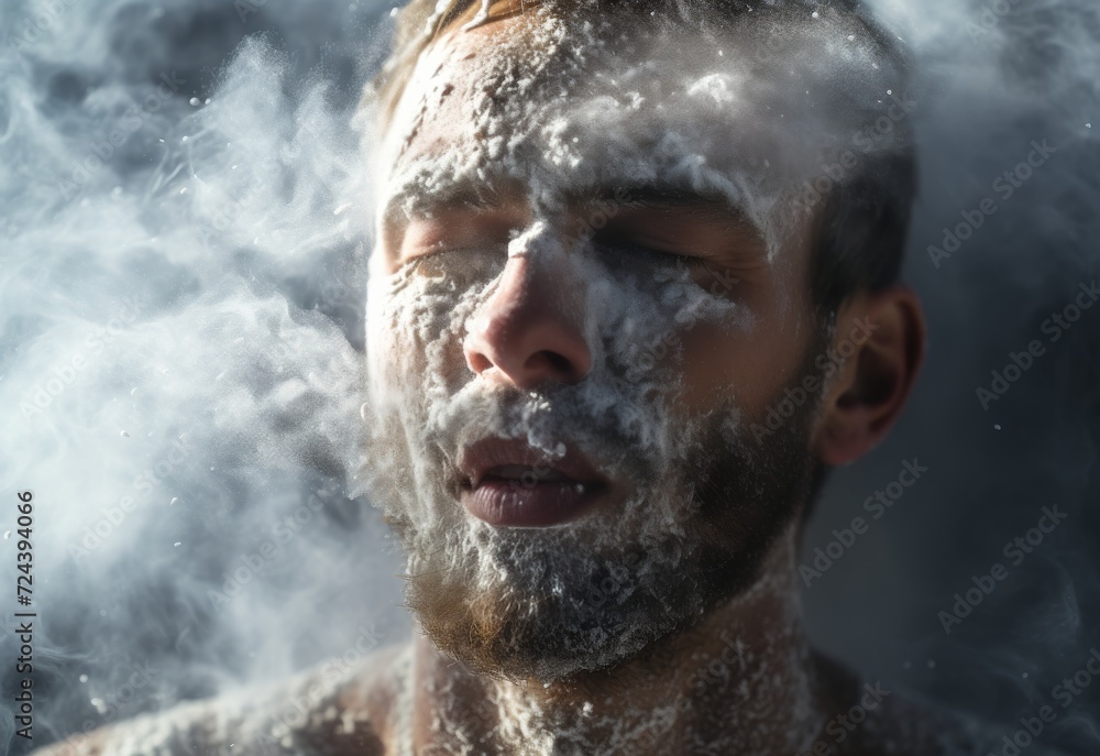 Man Covered in Foam and Smoke