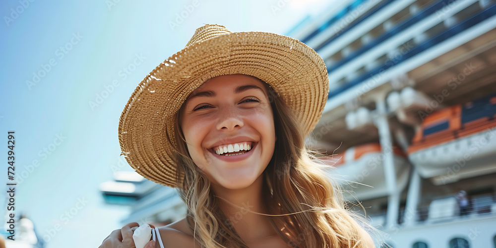 Happy smiling woman against the backdrop of a summer vacation cruise ship.