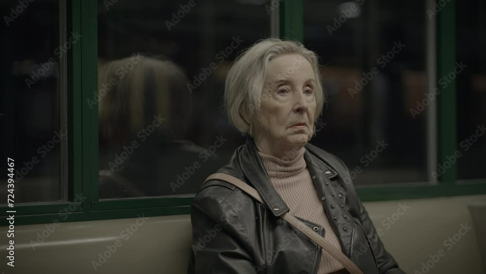 Worried Elderly Woman Waiting at Crowded Trainstation Traveling Worried Elderly Woman Waiting at Crowded Trainstation Traveling