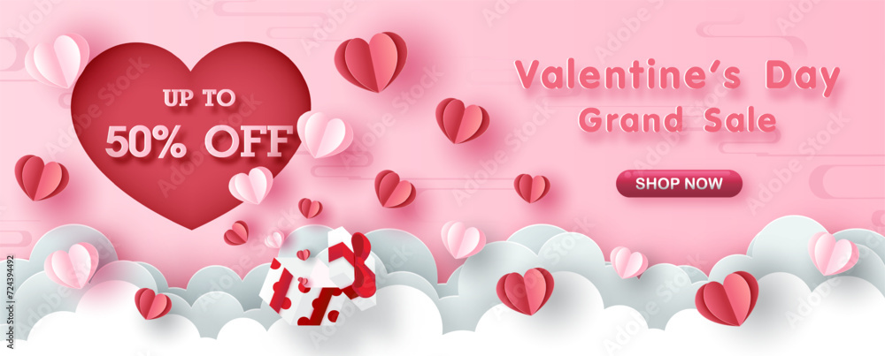 Valentine's day celebration web poster advertising design with open gift box and flying hearts on white clouds in paper cut style with Valentine's sale wording on pink background.