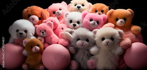 **A playful arrangement of stuffed animals seen from above, creating a delightful composition on a pastel pink surface