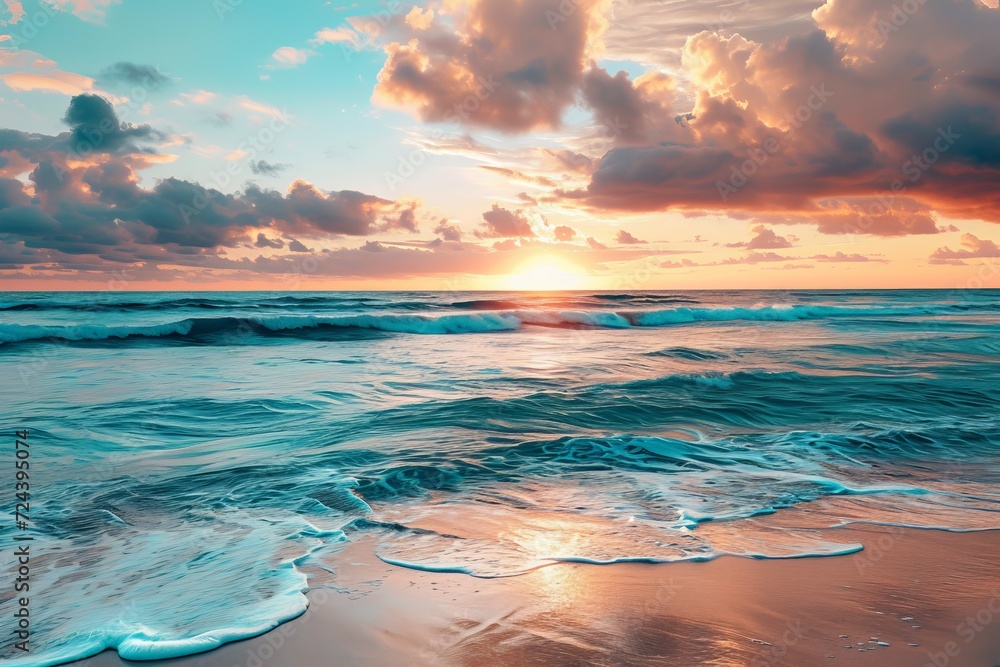 Sandy Beaches and Azure Skies at Sunrise, Generative AI - obrazy, fototapety, plakaty 