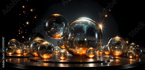 Gleaming metallic orbs suspended in a cosmic dance against the ebony backdrop