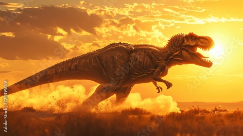 A majestic TRex leading the pack its powerful strides creating a trail of dust behind it as the sun sets in the distance.
