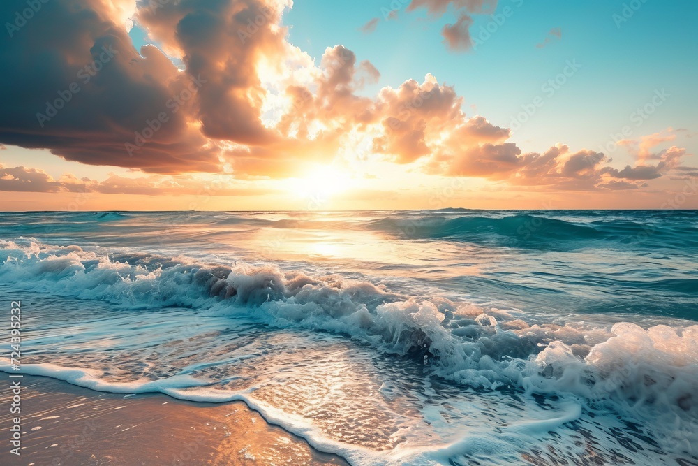 Pastel Skies and Ocean Waves at Sunrise, Generative AI