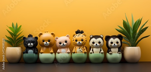 **A top-down perspective of a collection of plush jungle animals, arranged creatively with copy space on a pastel yellow-green surface