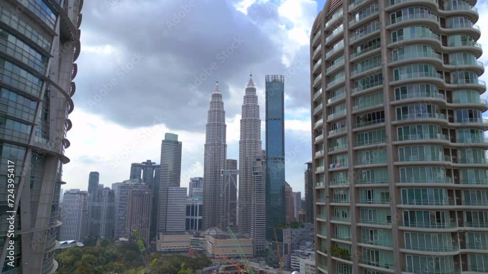 KL City petronas twin towers Skyscraper day. Nice aerial top view flight drone KL City petronas twin towers Skyscraper day. Nice aerial top view flight drone