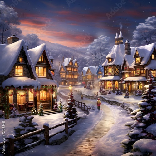 Illustration of a snow-covered village at night in winter. © Iman