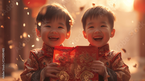 Twin Brothers Beaming with Red Envelopes for Chinese New Year photo