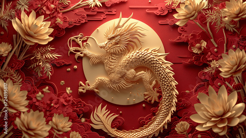 Golden Dragon Amidst Blooming Florals - Chinese Paper Art