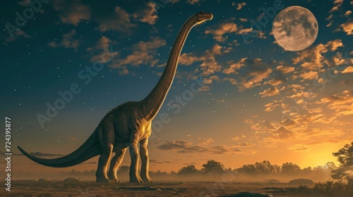 Fotografia A towering brachiosaurus standing on its hind legs seemingly reaching for the bright moon hanging in the sky