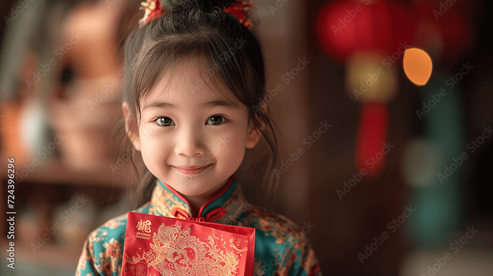 Content Child Holding a Red Envelope for Lunar New Year Content Child Holding a Red Envelope for Lunar New Year