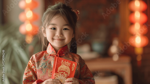 Content Child Holding a Red Envelope for Lunar New Year