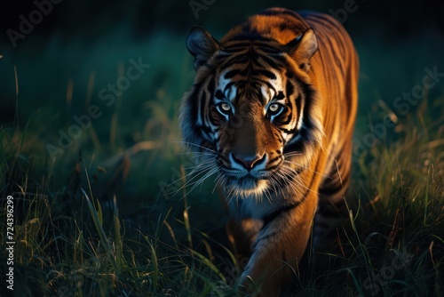 Menacing Sumatran tiger walking in the grass