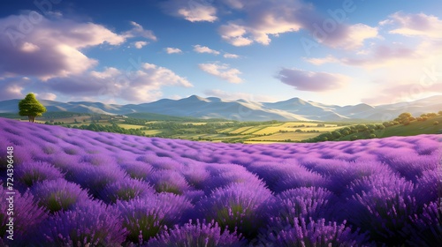 Panorama of lavender field with purple flowers in the evening.