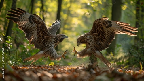 A pair of playful raptors tussle on the forest floor practicing their hunting tactics and communication skills.