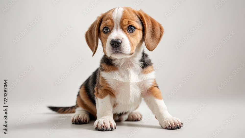Cachorro beagle, sentado, mirando hacia la izquierda, sobre fondo blanco