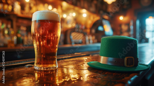 St. Patrick's Day Beer Celebration. Pint of amber beer beside a green leprechaun hat on a pub table.