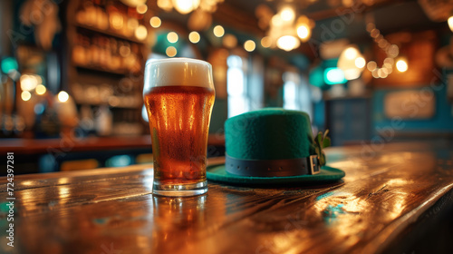 St. Patrick's Day Pint and Leprechaun Hat.
A pint of amber beer next to a festive green leprechaun hat on a pub's wooden bar top. photo
