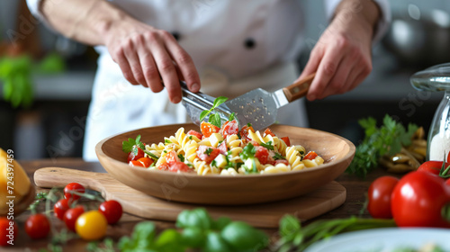 Chef hands preparing delicious cold pasta salad
