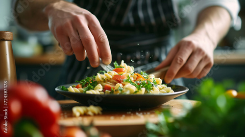 Chef hands preparing delicious cold pasta salad