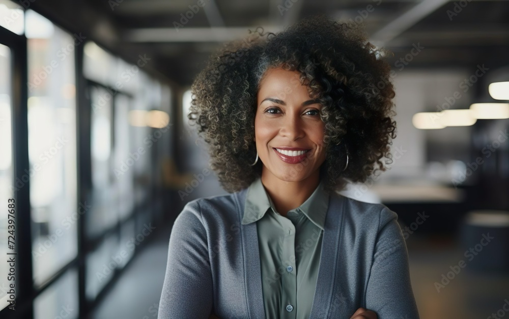 Middle age black businesswoman posing smiling in the modern office, smart casual. AI Generative. Middle age black businesswoman posing smiling in the modern office, smart casual. AI Generative.
