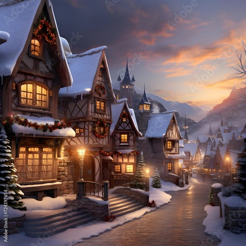 Winter wonderland in alpine village with wooden houses and christmas lights