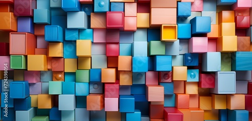   An artistic display of toy building blocks forming a colorful mosaic  captured from above on a pastel blue surface