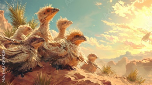 A group of small feathered dinosaurs huddle together for warmth as the desert air starts to heat up. © Justlight