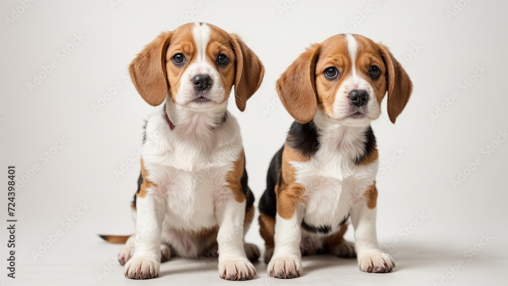 Par de cachorros beagle, sentados, con mirada curiosa, sobre fondo blanco