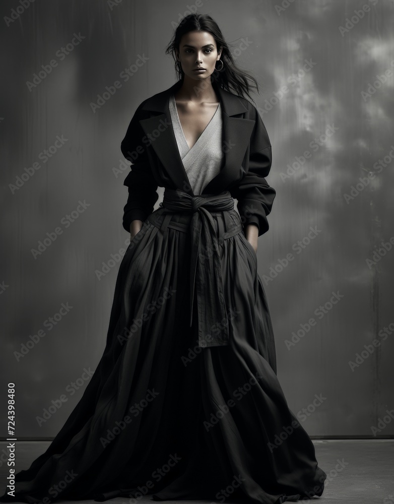 Naklejka premium Woman in Long Black Dress and Coat