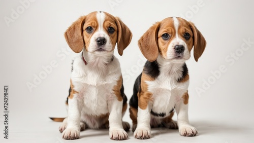 Par de cachorros beagle, sentados, con mirada curiosa, sobre fondo blanco