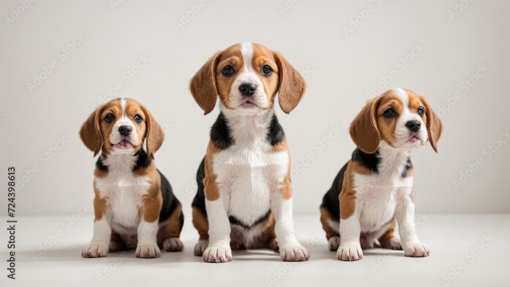 Tres de cachorros beagle, sentados, sobre fondo blanco Tres de cachorros beagle, sentados, sobre fondo blanco