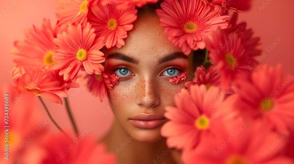 Make up Cosmetic template with model and flowers for advertising poster banner