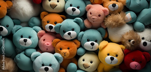**An overhead shot of a collection of plush toys scattered on a pastel blue surface, providing ample room for expressive text