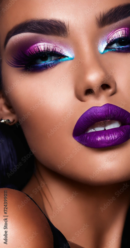The girl has bright shiny makeup. Selective focus. Generative AI, The girl has bright shiny makeup. Selective focus. Generative AI,