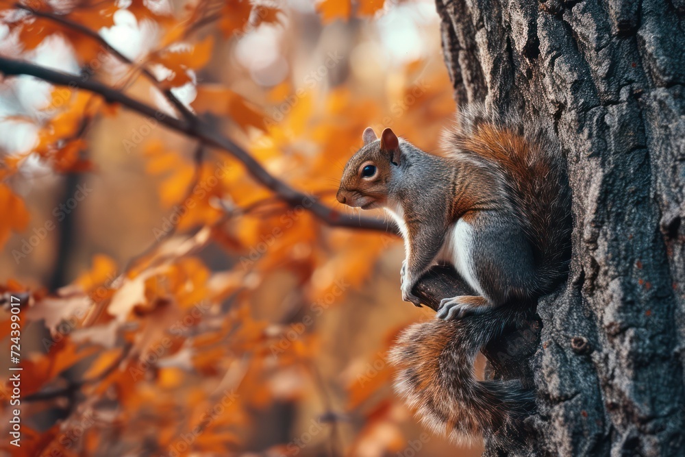 Squirrel sits on a tree in the autumn forest Squirrel sits on a tree in the autumn forest