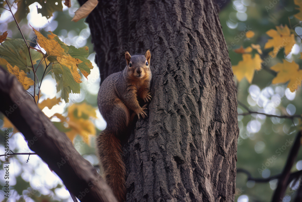 Squirrel on a tree in the autumn forest. Wild animal. Squirrel on a tree in the autumn forest. Wild animal.