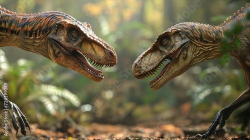 Two Velociraptors facing each other with their heads tilted down engaging in a playful heading ritual to establish dominance within their pack.