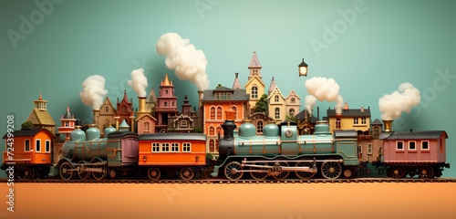 **high-resolution image showcasing a variety of toy trains arranged neatly, presenting an opportunity for text placement on a pastel orange background © LOVE ALLAH LOVE